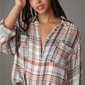Anthropologie Multicolor Plaid Blouse pilcro Hadley Relaxed Pink Combo size Larg